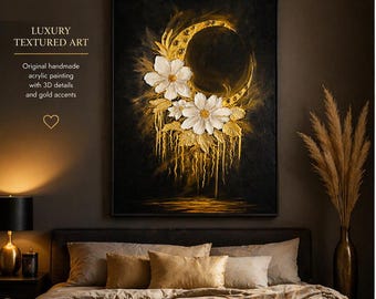Getextureerde gouden maansikkel bloemenschilderij – originele acrylcanvaskunst (50 x 70 cm)