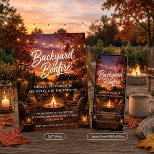 May include: A 12.7 x 17.8 cm printed invitation and a smartphone displaying a digital invitation for a Backyard Bonfire on September 18 at six o'clock. The design features a bonfire scene with string lights, autumn trees, and event details.