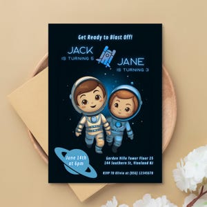 Editable Space Birthday Invitation, Joint Astronaut Party, Galaxy Siblings Invite (Digital/Print)