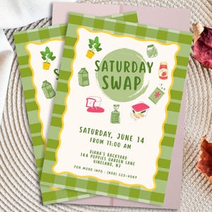 May include: A rectangular invitation card with a green and light green gingham border. The center features the text SATURDAY SWAP, illustrations of a plant, milk carton, bread, jar, and container, and event details for Saturday, June 14 at 11:00 AM.