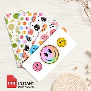 Y2K-kuvert med smileymotiv, preppy utskrivbar pengahållare, födelsedagskuvert för tonåringar, pärminlägg med kontantfyllning, goda vibbar för pengar i PDF-format