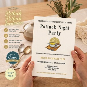 Op de afbeelding: Een wit rechthoekig uitnodigingssjabloon voor een potluck met zwarte tekst die Potluck Night Party leest, georganiseerd door Kathlene Tyler op zaterdag 22 oktober om 19:00 uur in 144 Sweet Poppies Lane, Vineland, NJ, met een afbeelding van een kom soep.