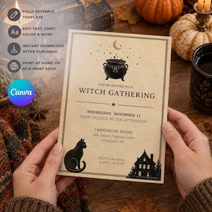 May include: A rectangular invitation card on beige paper with black ink featuring a cauldron, a crescent moon, a cat, and a house illustration. The text reads: YOU'RE INVITED TO A WITCH GATHERING, WEDNESDAY, NOVEMBER 11, FOUR O'CLOCK IN THE AFTERNOON.