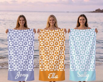 Toalla de playa retro personalizada con margaritas, toallas de playa para niñas, toalla para viajes de niñas, regalo de cumpleaños, regalo de verano, toalla con nombre personalizado, toalla de piscina