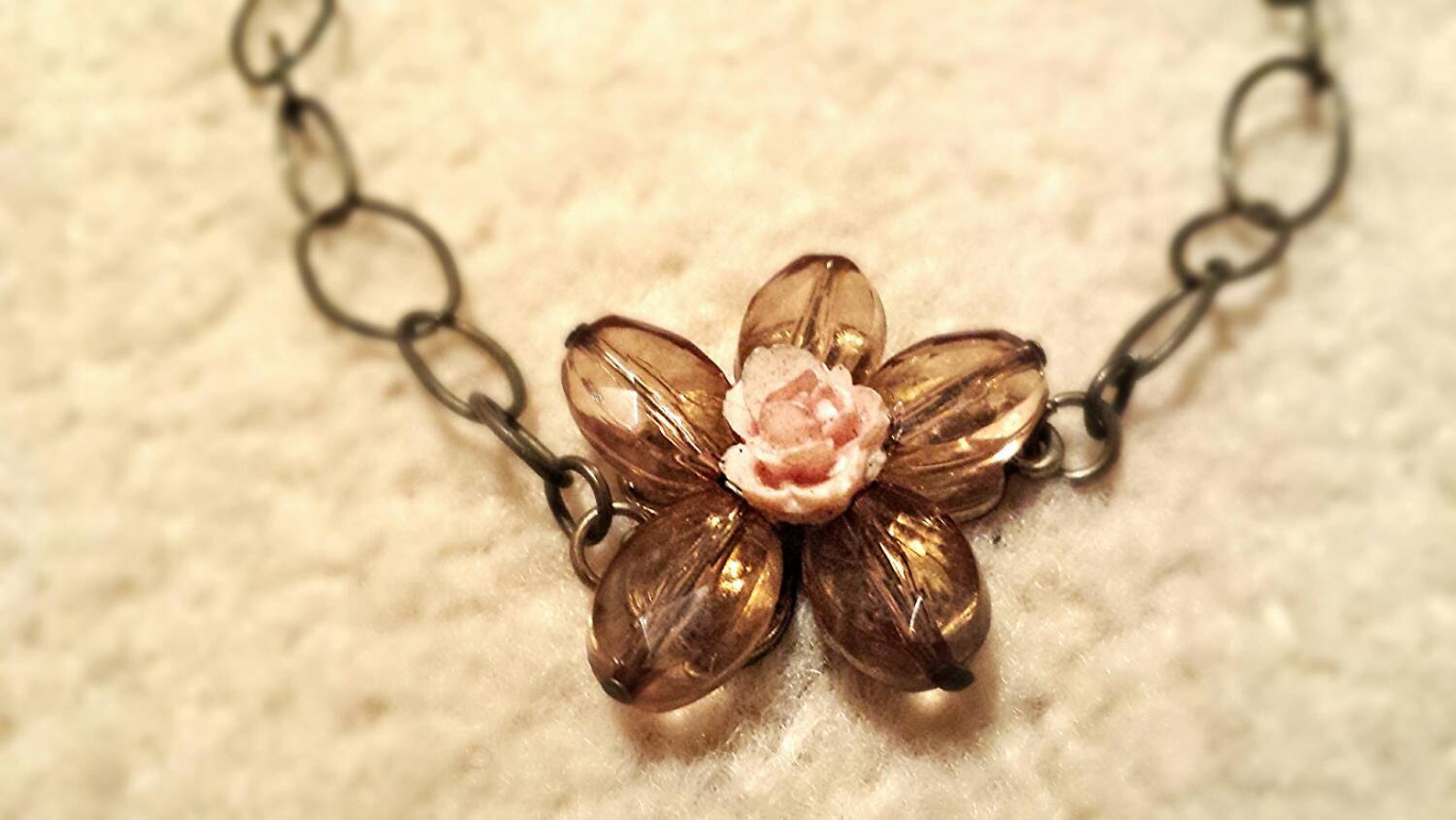 Crystal Flower Bronze Chain Necklace Unique Medium Length Etsy