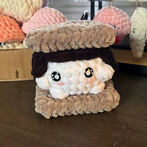 May include: A handmade crochet s'more plush toy. The s'more features a white marshmallow with black eyes and pink cheeks, sandwiched between two tan graham crackers and a dark brown chocolate layer. Other crochet plushies are in the background.