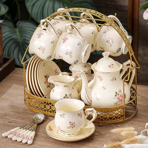 Juego de té de cerámica esmaltada a mano con diseño floral / Servicio de té de la tarde
