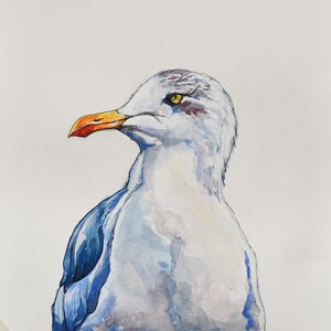 May include: A watercolor painting of a seagull with a blue and white body and an orange beak. The seagull is looking to the left of the image.