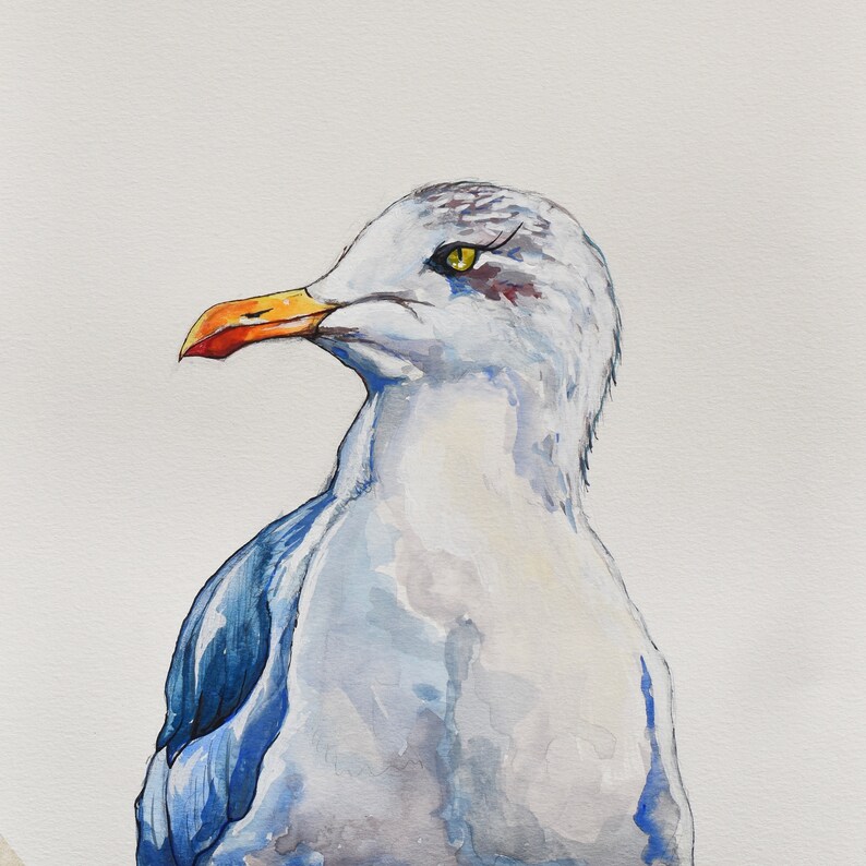 May include: A watercolor painting of a seagull with a blue and white body and an orange beak. The seagull is looking to the left of the image.