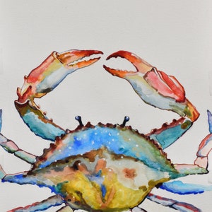 May include: Watercolor painting of a blue crab with red and orange claws. The crab is painted in a realistic style with details of the crab's shell and legs.
