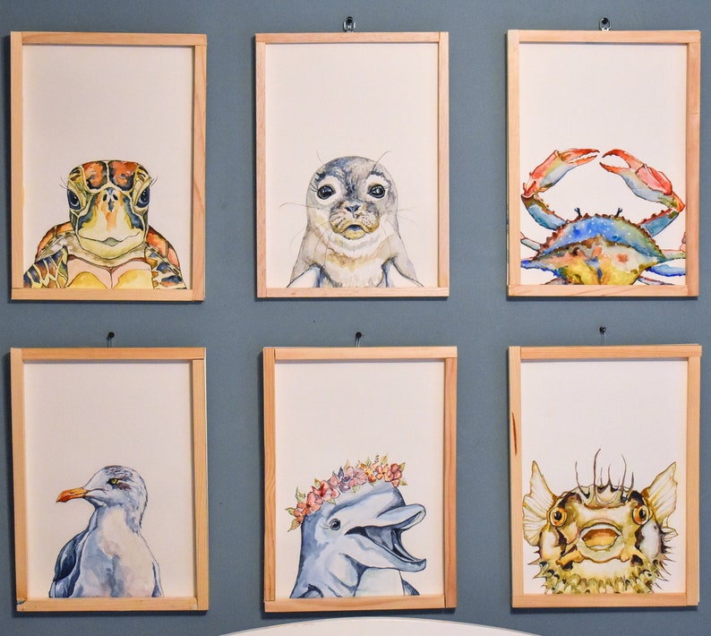 May include: Six framed watercolor paintings of sea creatures. The paintings are in a row on a gray wall. The paintings feature a sea turtle, a seal, a crab, a seagull, a dolphin, and a pufferfish.