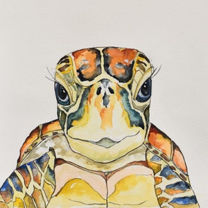May include: Watercolor painting of a sea turtle with a yellow, orange, and blue shell. The turtle is looking directly at the viewer with a curious expression.