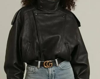Oversized zwart leren damesjack Trendy high-neck streetwear bovenkleding Perfect stijlvol cadeau voor haar