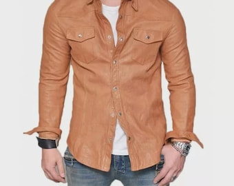Gewaxt lamsleer herenshirt - bruinbruin vintage bikerstijl