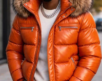 Oranje echt leren pufferjack met capuchon van imitatiebont | Streetwear winterjas