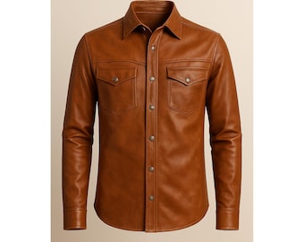 Bruin lamsleren bikershirt heren - vintage motorstijl