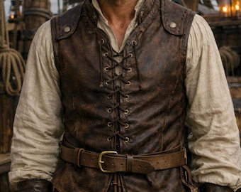 Leren piratenvest voor heren, kapitein piratenvest, renaissancekostuum Caribische stijl, middeleeuws en LARP-cosplay, handgemaakt steampunkvest