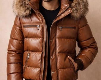 Bruin leren pufferjack met bontcapuchon | Gewatteerde winterjas