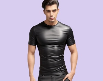 Handgemaakt echt leren herenshirt zwart slim fit T-shirt
