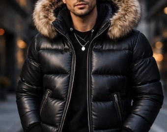 Unisex svart läderjacka med pälshuva | Quilted vinter streetwear