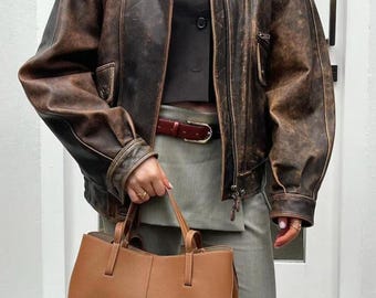 Jaren 90 dames noodlijdende bruine casual vintage bomber schapenleren jas dames oversized winterjas