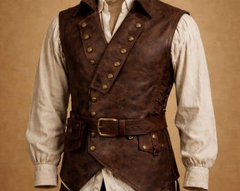 Leren piratenvest heren, renaissancepiraat kostuumgilet, middeleeuws LARP-vest, zeerover cosplay-outfit, Halloween-piratenvest