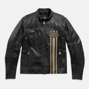 May include: Black leather jacket with a stand-up collar, quilted shoulder and elbow details, and multiple zippered pockets. Features a Harley-Davidson logo patch and vertical stripes in tan and gold.