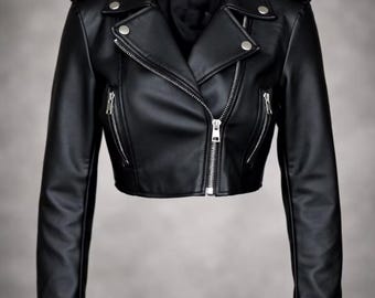 Kort zwart leren bikerjack, motorstijl dames