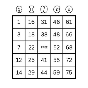 May include: A black and white bingo card with the word "BINGO" at the top. The card has a grid of numbers, including a "FREE" space. The numbers range from 1 to 75, perfect for a game night.