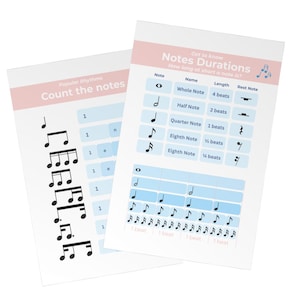 May include: Two white music theory educational charts. One chart says "Count the notes" and displays musical rhythms. The other chart says "Notes Durations" and shows note values, including whole, half, quarter, and eighth notes, with their corresponding beat counts.