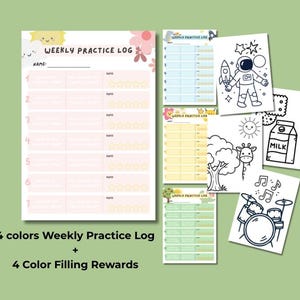 May include: A set of colourful printable practice logs and colouring pages. The main log is pink with space for a name and rating stars. The image includes the text "Weekly Practice Log" and "4 colours Weekly Practice Log + 4 Color Filling Rewards."