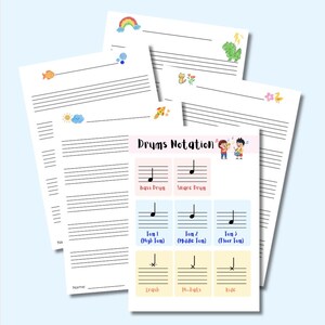 May include: Several blank music sheets with staves and watercolour illustrations of a rainbow, fish, sun, and rocket. One sheet displays "Drums Notation" with drum symbols and labels for bass drum, snare drum, and other drum parts.