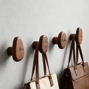 Engraved Walnut Wood Wall Hook, Custom Name Oval Wood Peg, Minimalist Coat Key Knob, Entryway Nursery Bath Decor, Family Housewarming Gift
