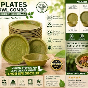 Op de afbeelding: Een stapel ronde groene bladeren borden en een bijpassende kom, met tekstoverlays die productkenmerken zoals 100% natuurlijk, biologisch afbreekbaar en lekvrij beschrijven. De afbeelding toont varianten van 6, 8 en 10 inch met kommen.