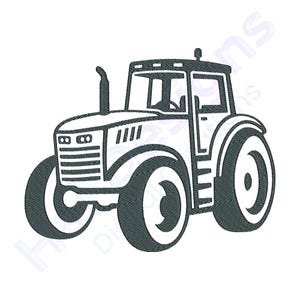 Puede incluir: Ilustración en blanco y negro de un tractor. El tractor tiene ruedas grandes, una cabina con ventanas y una chimenea. El diseño es sencillo, de estilo lineal, adecuado para diversas aplicaciones.