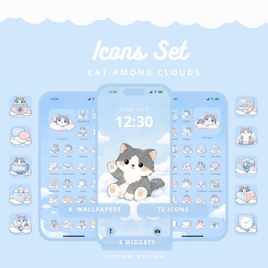 Op de afbeelding: Een lichtblauw telefoonscherm toont een schattige cartoonkat die zwaait, met de tekst "Icons Set CAT AMONG CLOUDS". De afbeelding bevat 6 wallpapers, 72 iconen en 4 widgets. Het ontwerp heeft een katten thema.