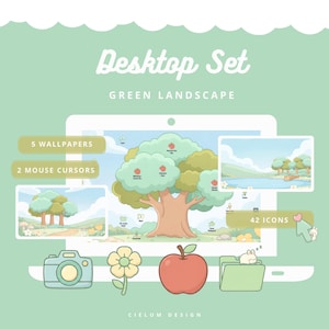 May include: A digital desktop set with a green landscape theme. The image includes a tablet displaying wallpapers, mouse cursors, and icons. Additional elements include a camera, flower, apple, and a folder with a sleeping bunny. Text reads "Desktop Set" and "Green Landscape".