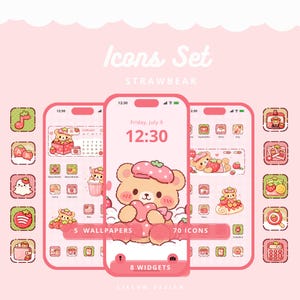 May include: A pink phone screen shows a cartoon bear with a strawberry hat and heart. The image is part of an "Icons Set" with 5 wallpapers, 70 icons, and 8 widgets. The background is light pink with a cloud design. The time is 12:30.