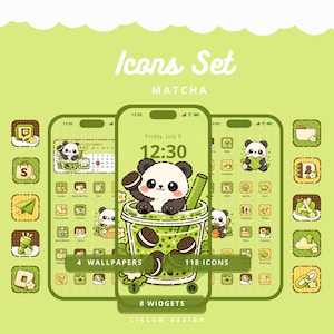 Cute panda, matcha tea and cookie set, icons, wallpaper, kawaii organizer, aesthetic pack, Android/iOS background, cute folder, flowers