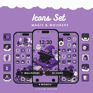 Pode incluir: Um conjunto de ícones intitulado Icons Set MAGIC & WHISKERS com elementos de interface de smartphone em tons de roxo. O conjunto inclui 85 ícones, 9 widgets e 7 papéis de parede com ilustrações de gatos pretos com chapéus de bruxo.
