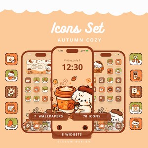 May include: A digital icon set titled Icons Set AUTUMN COZY featuring a collection of 70 app icons, 7 wallpapers, and 8 widgets. The design displays a white puppy character, autumn leaves, and coffee cups in shades of orange, brown, and green.