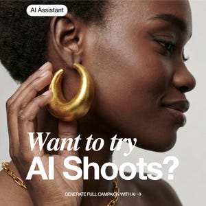 May include: A woman with gold hoop earrings and a gold chain bracelet. The image features the text "Want to try AI Shoots?" and "AI Assistant". The background is a neutral colour.