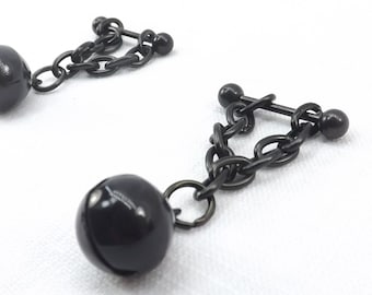 Black barbells with chains and bells 15g barbells pierced nipple jewelry mature gift for sub bdsm