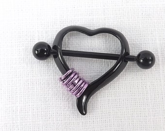Stacked Rings black heart nipple shield black surgical stainless steel barbell nipple jewelry gift under 30