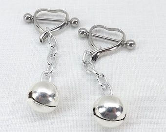 Heart shields barbells with chains and bells 14g barbells pierced nipple jewelry mature gift for sub bdsm