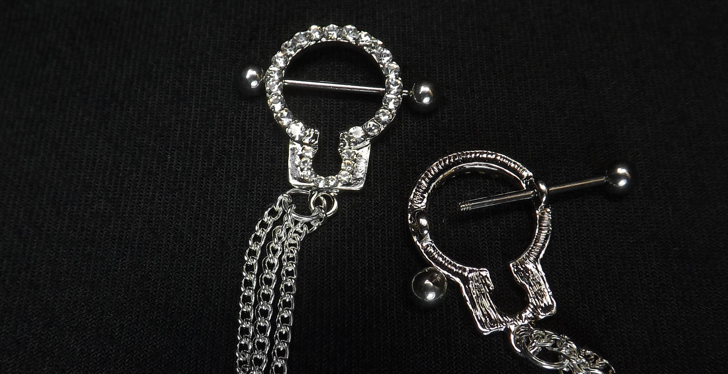 Rhinestone Handcuff Nipple shields with 18g barbell chain nipple