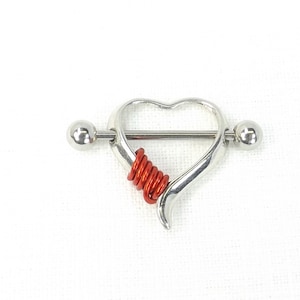 Nipple Jewelry Wire wrapped heart shield nipple barbell surgical stainless steel pierced nipple body jewelry image 1