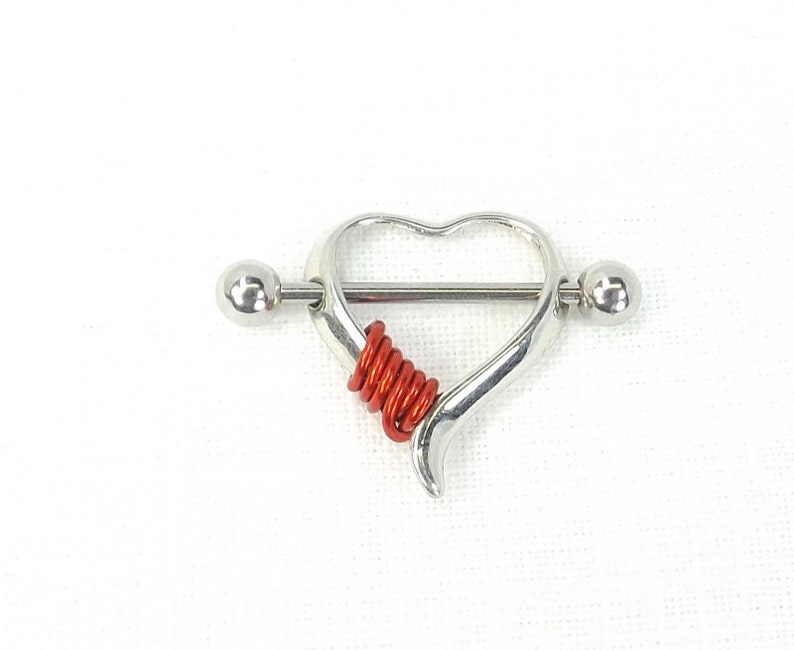 Nipple Jewelry Wire wrapped heart shield nipple barbell surgical stainless steel pierced nipple body jewelry image 1