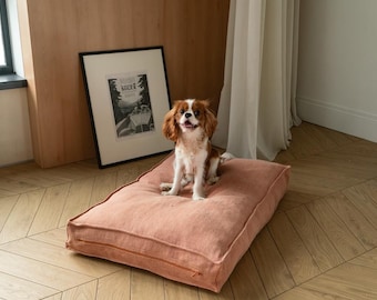 Natural Linen Dog Bed, Removable  cover dog mat , Washable Pet Cushion, Sheep's Wool Filling