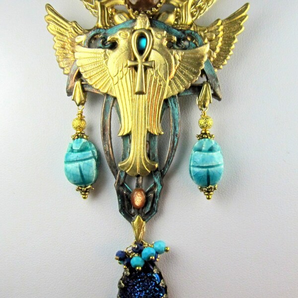 RESERVED for MORGANA  Winged Horus Pendant on Viking knit Chain, Art Deco Revival, Horus with Scarabs, Sparkling Druzy, Faience Scarabs